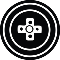 Poster - Stylized black and white circular icon featuring a central cross shape with rounded ends and dots enclosed by concentric rings