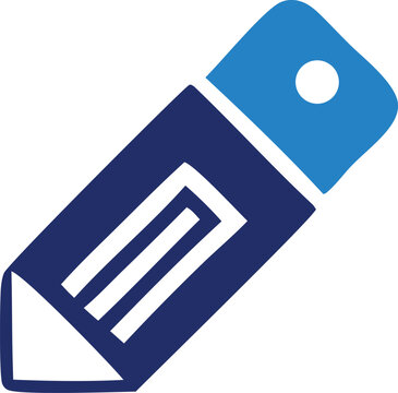 A stylized minimalist icon of a pencil with a blue eraser and a white tip on a white background representing writing or editing