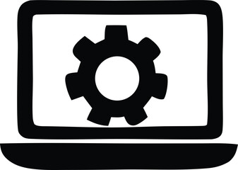 Fototapete - Simple black and white illustration of a laptop computer displaying a gear symbol representing technology and settings