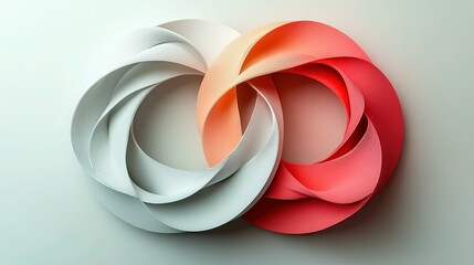 Intertwined white, orange and red ribbon - like decorations on light background, forming dynamic 3D artistic shape