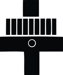 Poster - A minimalist black and white graphic design featuring a stylized cross shape with a central circle and a row of vertical bars above