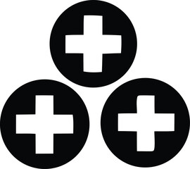Poster - Three black circles each containing a white plus sign arranged in a triangular formation against a white background