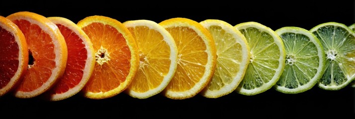 Poster - Arranged Cross-Section of Citrus Fruits in Concentric Circles Against a Dark Background Showcasing Vibrant Colors and Textures