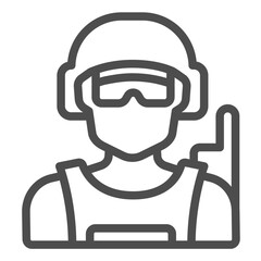 Poster - Special operation soldier line icon, police force concept. Vector graphics. Policeman with helmet, sunglasses and radio sign on white background, outline style icon for mobile or web design.