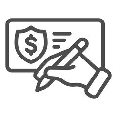 Poster - Bill check and pen in hand line icon, donation of funds concept. Vector graphics. Hand signature for bank bill, finance sign on white background, outline style icon for mobile or web design.