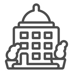 Poster - Office building line icon, finance career concept. Vector graphics. Job center house with entrance and plants sign on white background, outline style icon for mobile or web design.