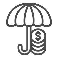 Poster - Umbrella with coins stack line icon, financial tech concept. Vector graphics. Dollar coins with parasol, money savings sign on white background, outline style icon for mobile or web design.