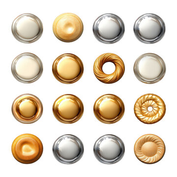 A diverse collection of metallic buttons, isolated on transparent background, showcases silver, gold, and bronze hues in a round and shiny assortment of decorative elements
