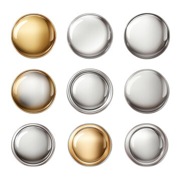 A diverse collection of metallic buttons, isolated on transparent background, showcases silver, gold, and bronze hues in a round and shiny assortment of decorative elements