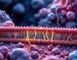 © Thi - cell membrane with glowing protein channels, allowing selective molecules to pass, surrounded by lipids and ions, soft light illustrating semi permeability in cellular environment.
