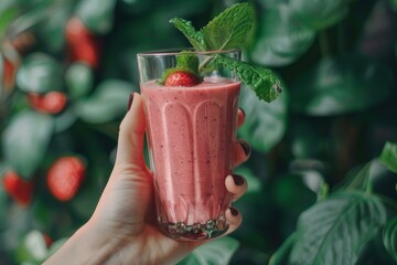 Poster - Hand holding a refreshing strawberry smoothie with mint leaves, with strawberry plants in the background