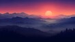 © Sunny - Majestic sunset bathes a misty mountain range in vibrant shades of orange, purple, and blue, creating a serene vista.