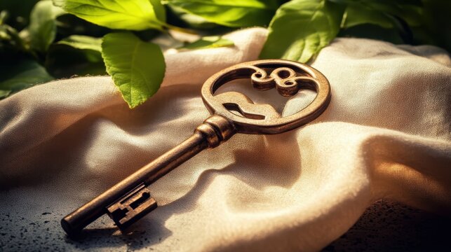 Vintage Key Surrounded by Green Leaves on Soft Fabric Background