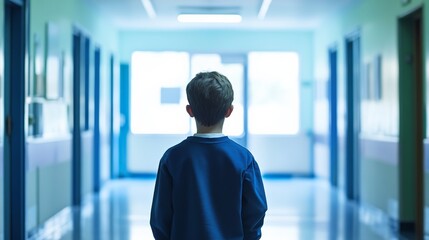 Leinwandbilder - Schoolboy walking down a school corridor during break time, captured from behind, with a slightly blurred background illuminated by cold blue light, evoking feelings of solitude