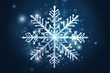 Poster - Detailed snowflake glowing on dark blue background creating a magical winter atmosphere