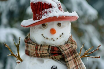 Poster - Snowman with red hat and plaid scarf enjoying winter wonderland