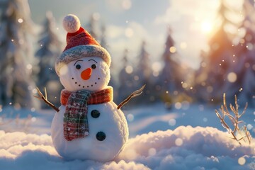 Poster - Cute snowman with red hat and scarf enjoying a beautiful winter sunset in a snowy forest