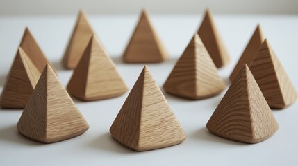 Poster - Wooden geometric shapes arranged in a creative pattern on a table