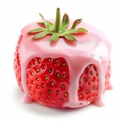 Poster - Fresh strawberry dipped in pink cream dripping on a white background, creating a sweet and tempting treat