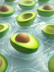 Poster - Digital Mesh Representation of Avocado Halves Creates a Futuristic Aesthetic Over a Light Grid Background in a Contemporary Setting
