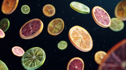 Poster - Floating Fruit Slices in Zero Gravity Create a Vibrant Visual Display Against a Dark Background