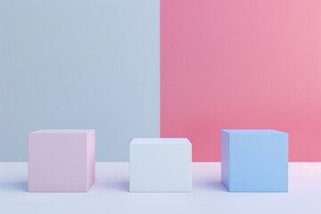 Poster - Pink, white and blue podiums standing on pastel background creating a stylish product display