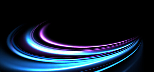 Poster - Elegant glowing purple and blue curved rays on black background.