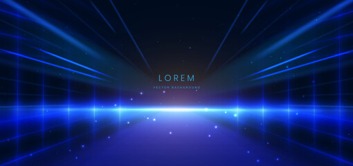 Poster - Abstract scene elegant blue light lines on dark background with lighting effect and sparkle.