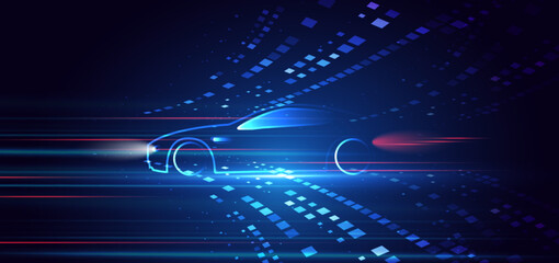Poster - Sport car on hi-speed motion moving concept on dark blue background.