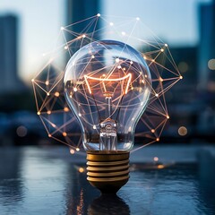Poster - A glowing lightbulb symbolizes innovation and connectivity against a blurred cityscape backdrop