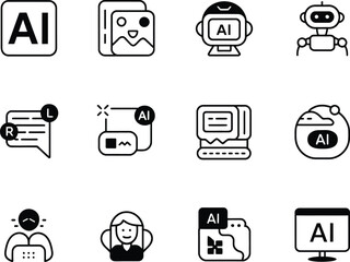 Fototapete - Collection of stylized black and white icons representing artificial intelligence concepts