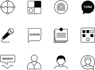 Fototapete - Collection of twelve simple black and white line art icons representing communication and data