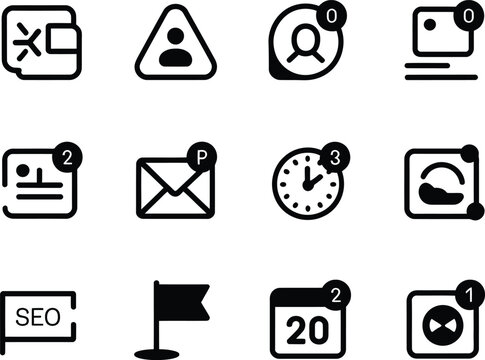 Collection of twelve black and white icons representing notifications and alerts