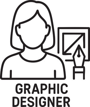 Graphic Design Concept Female Designer at Work Icon Illustration, Creative Professional, Design Elements, Clean Line Art