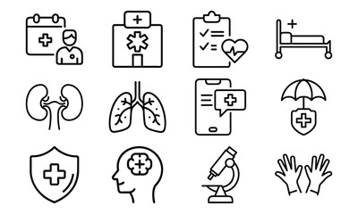 Poster - Medical Health Line Icons Set Including Doctor Appointment, Emergency Alert, Kidney, Lung, Brain, And Hospital Equipment In (22)