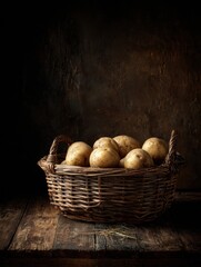 Aufkleber - Rustic Basket Filled With Earthy Potatoes on Dark Wooden Surface Showcases Natural Textures and Simplicity in a Cozy Setting