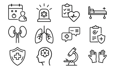 Poster - Medical Health Line Icons Set Including Doctor Appointment, Emergency Alert, Kidney, Lung, Brain, And Hospital Equipment In (8)