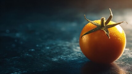 Poster - Glowing Tomato Illuminated Against a Dark Background With a Cinematic Aura Radiating Freshness and Vibrancy