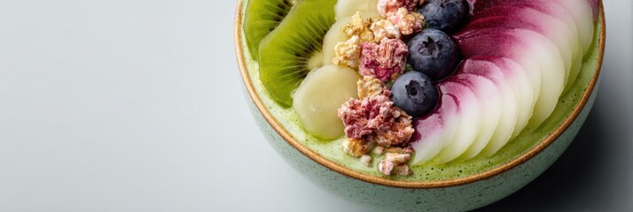 Poster - Layered Smoothie Bowl With Fresh Fruits and Granola Arranged in a Modern Design on a Light Background