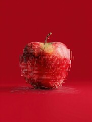 Poster - Creative Red Apple With Pixel Glitch Effect on a Vibrant Red Backdrop Featuring Ample Text Space