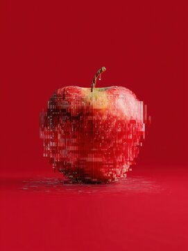 Creative Red Apple With Pixel Glitch Effect on a Vibrant Red Backdrop Featuring Ample Text Space