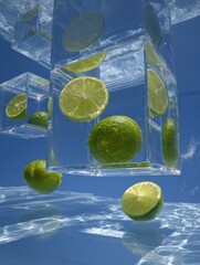 Poster - floating limes captured in a surreal cube glass structure against a clear blue sky