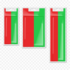 Wall Mural - hanging cardboard and clear plastic rectangle blister box. realistic 3d vector mockup set. transpare