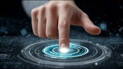 Poster - Futuristic technology interface featuring finger touch on glowing digital circular control panel with holographic display, advanced virtual data interaction and innovative blue light effects