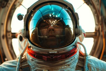 Wall Mural - astronaut wearing spacesuit and helmet exploring space station with lights reflecting in visor