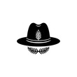© TP71 - Minimalist black vector icon of an explorer or ranger hat adorned with a pine leaf and crossed needles, symbolizing nature protection, forest rangers, or outdoor adventure.