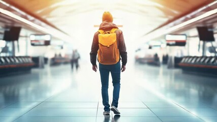 Leinwandbilder - University student walking away in a bright, modern hallway, carrying a yellow backpack, heading back to class and embracing the journey of education and personal growth