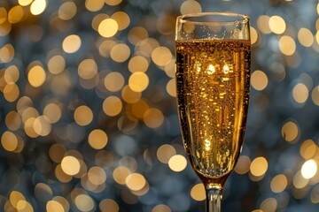 Poster - Champagne bubbles rising in a glass with festive golden bokeh lights in the background, perfect for new year's eve celebrations