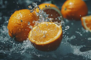 Poster - Ripe oranges making a splash in cool water, perfect for showcasing freshness and summer vibes