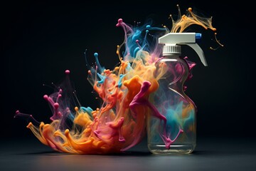 Poster - Colorful smoke exploding from a spray bottle on a dark background, creating a vibrant and abstract visual